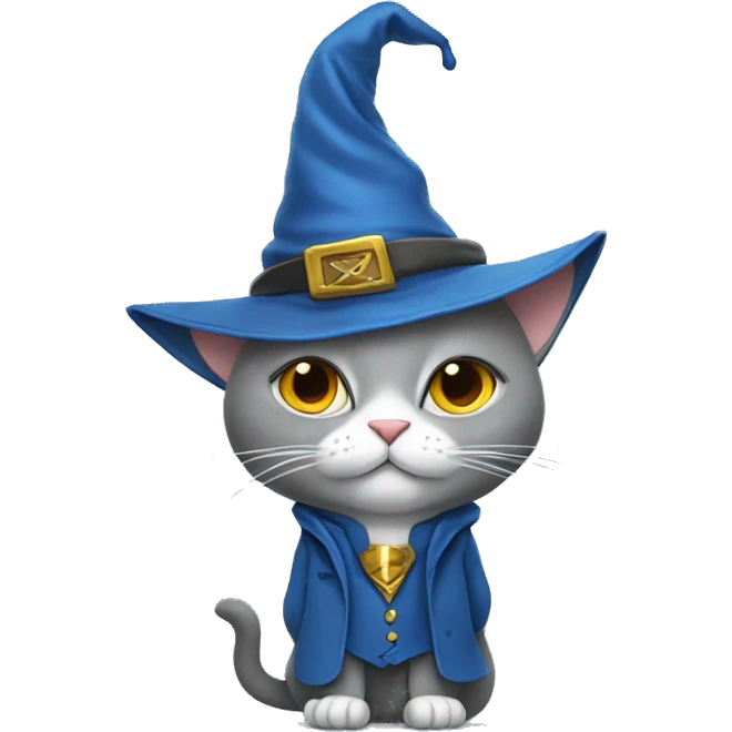 Gray cat with a wizard hat and wearing a blue suit emoji