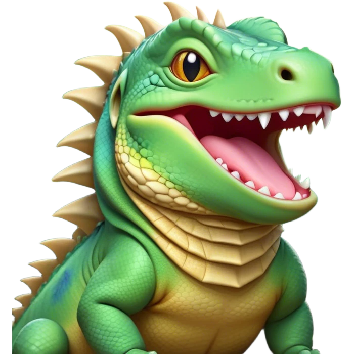 Cinematic Cute Yawning Iguana Portrait Emoji, Head tilted slightly with a dramatic, wide-open yawn, showcasing a sturdy, scaled body with a softly drooping spiky crest and sleepy, half-closed eyes, Simplified yet irresistibly adorable features, highly detailed, glowing with a soft, cozy jungle glow, high shine, relaxed yet expressive, stylized with a dash of whimsical charm, soft glowing outline, capturing the essence of a drowsy yet affectionate iguana that appears ready to stretch out for a nap! emoji