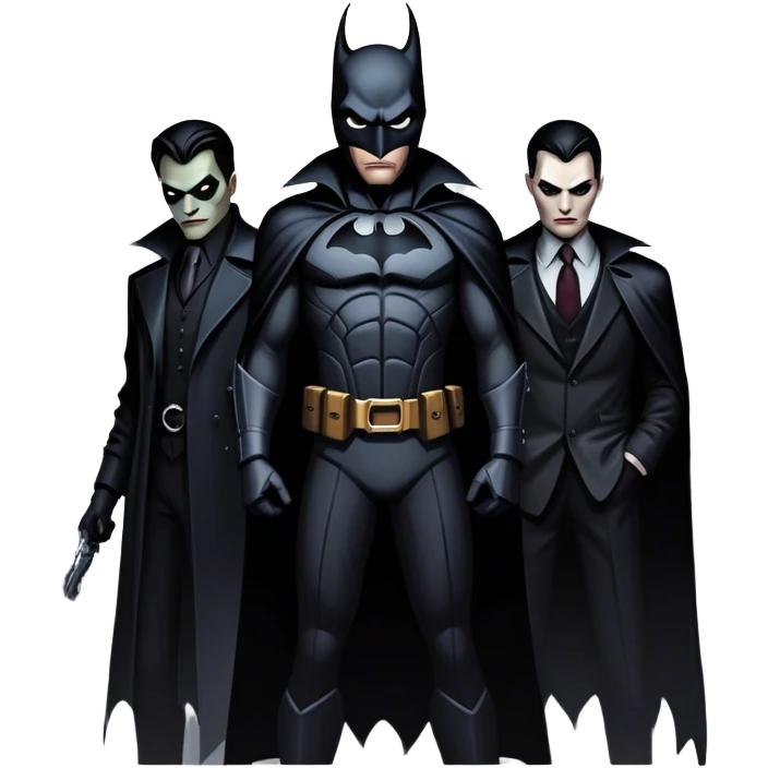Icon for Thriller Movies: A large, dramatic collage featuring sinister villains in dark clothing. The background shows the gloomy cityscape of Gotham, with dim lighting and eerie shadows. The atmosphere should be tense, mysterious, and suspenseful. Transparent background. emoji