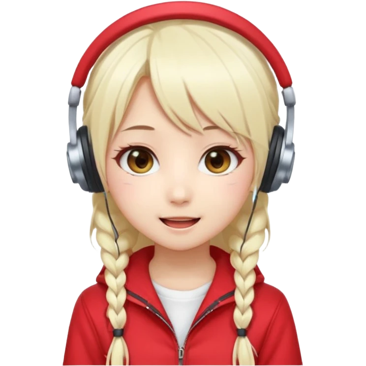 Cute kawaii emoji-style Japanese K-pop singer girl, long platinum blonde hair in twin tails, red outfit, headset mic on cheek, Japanese K-pop idol vibes, big sparkling eyes, chibi proportions, clean lineart, pastel colors, cheerful idol smile, sticker/emoji style, transparent background emoji