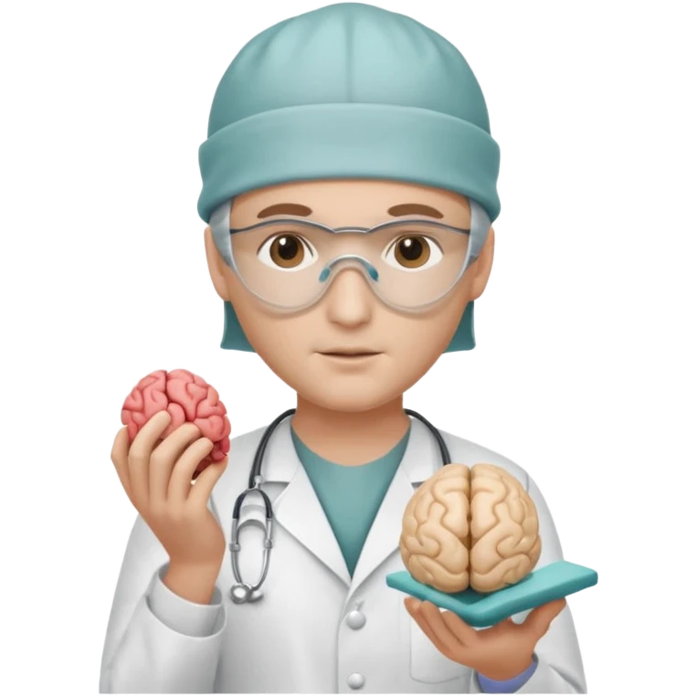 neurosurgeon wearing surgical cap and mask holding brain model emoji