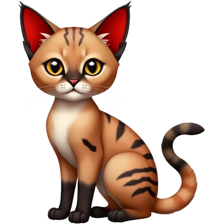 Gothic exotic Red and black and edgy and cute tropical shiny Fantasy-Siamese-Bobcat-Caracal-Scottish-Fold-feline-Fakémon-feline-hybrid (full body) emoji