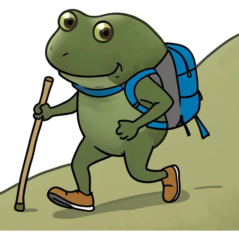 bufo hiking intense uphill with a stick and backpack emoji