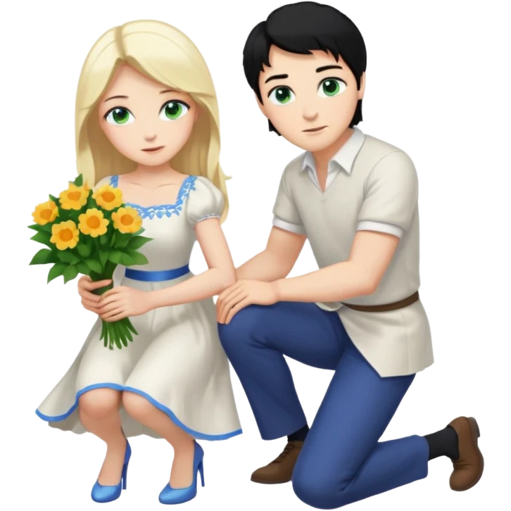 King, man, black Hair, blue eyes, whole body, Woman, bending knees, blonde, green eyes, White Dress, emoji