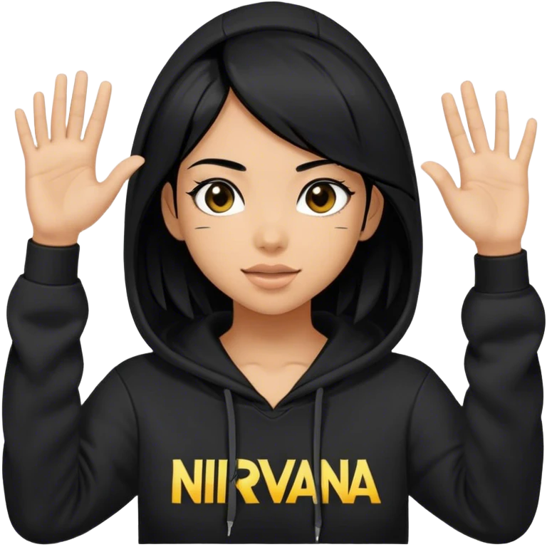 una chica cabello negro con una sudadera negra saludando y con el logo de nirvana en el pecho emoji