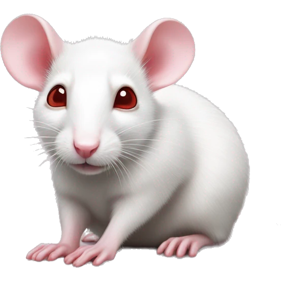 Realistic white rat with small ears, small eyes, bright red eyes and baby pink tail and baby pink paws in sleeping position neutral face eyes open body curled around pink nose hyperrealistic emoji