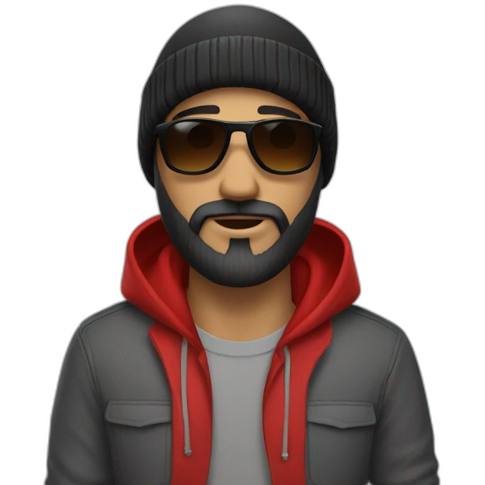 a man with black beard, gray Beanie, black sunglasses, that wears a red hoodie emoji