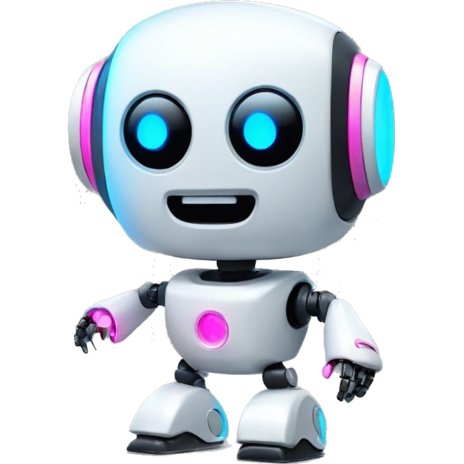 Design a cute, modern robot mascot with a white rounded body, neon blue and pink accents, and an expressive black screen face with LED eyes and a smile.

 emoji