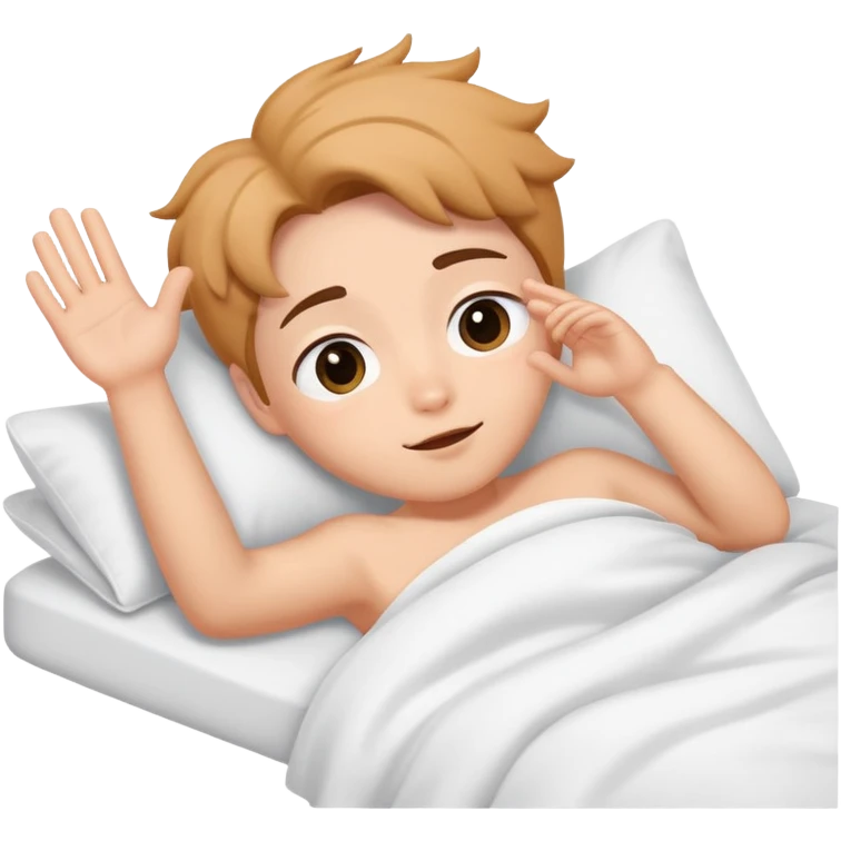 A cute character named Boksil waving gently while lying down in bed with eyes closing, looking sleepy emoji
