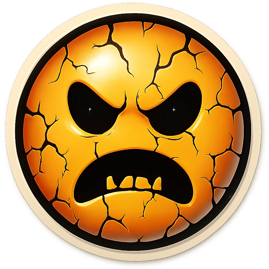 scary emoji with cracks and chips, retro stickers style, sharp black outlines, clear shadows and highlights, no gradients emoji