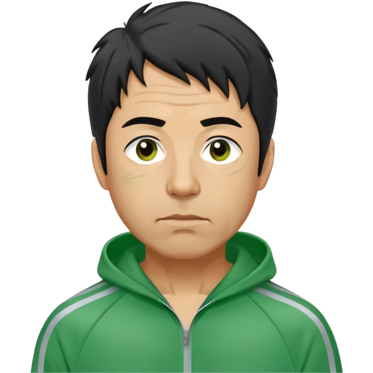 Park is a middle-aged man, around 35 years old, green tracksuit.  His black hair, streaked with strands of gray, is unkempt and damp with sweat. emoji
