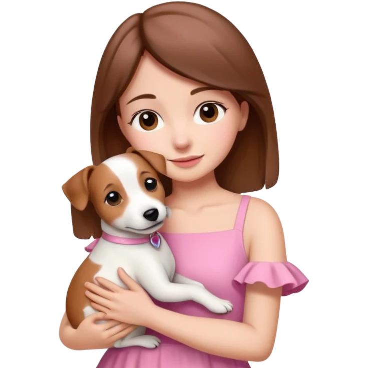Joven mujer pelo marron vestida de rosado abrazando a su perro color beige crema que es un estilo de jack russel emoji