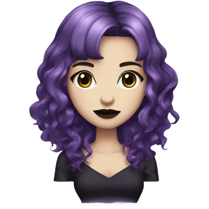 one single alt women, purple hair, wavy hair, medium hair, short bangs, dark makeup, mauve lips, gothic detailed strap dress, white skin  emoji