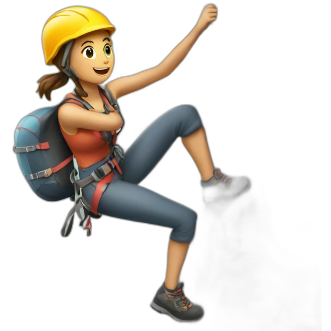 a woman climning a rock wall using helmet and climbing gear emoji