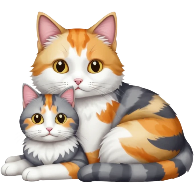 full body colourful light patched calico + white tabby cat cuddling a big grey and white cat  emoji