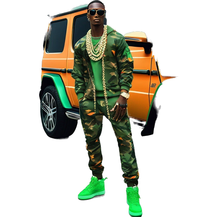 Young Dolph luxury clothes,blue diamond chain on,near his car, just opened drivers side car door to his all orange and green colored,whole car painted army camouflage, Mercedes G Wagon emoji