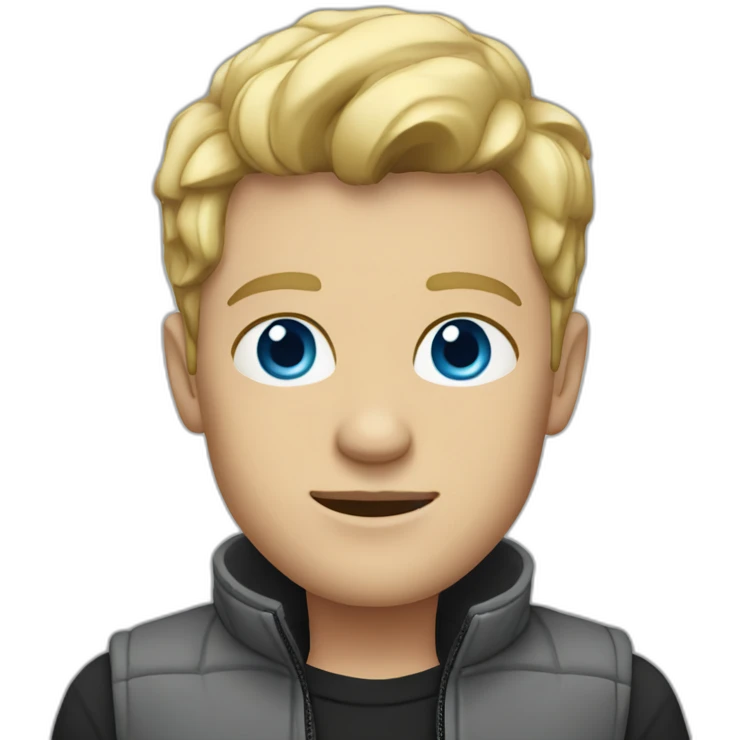 A blond man with blue-gray eyes is wearing a gray jacket and a black vest emoji