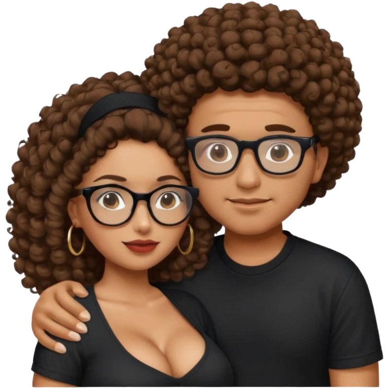A picture of a tanned couple embracing. the guy is Mexican, with a bald hair cut and he has a SnapBack hat on. The girl is mixed, the girl is wearing a black shirt, the girl has brown curly big hair and the girl has big boobs and the girl wears glasses but the man doesn't  emoji