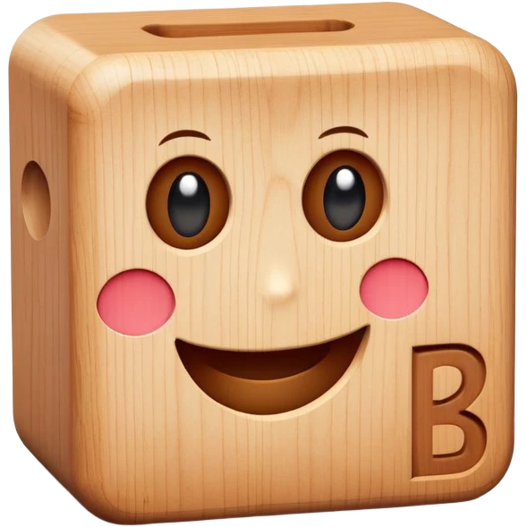 A wooden letter B block toy with adorable eyes and a happy expression emoji