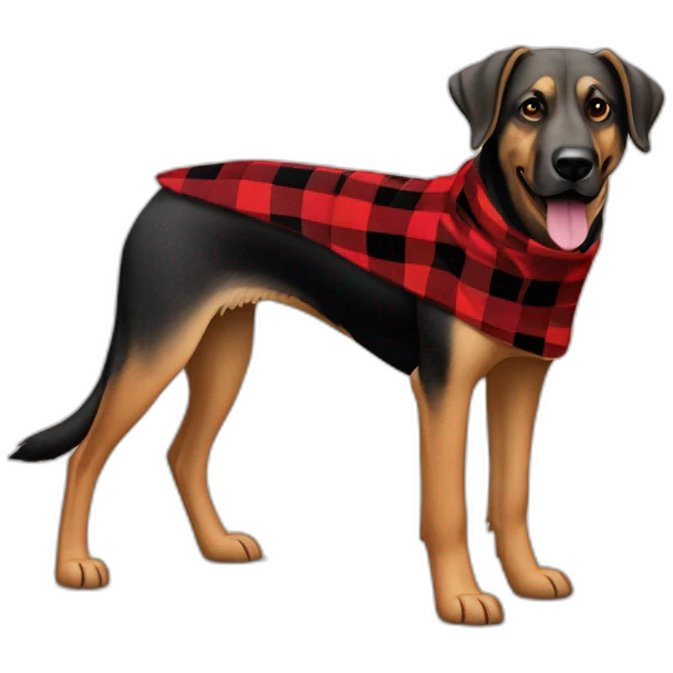 75% Coonhound 25% German Shepherd mix dog wearing small pointed red buffalo plaid bandana pointing down side view full body facing left emoji