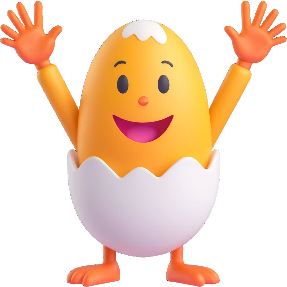 an egg character with hands in the air, cheerful expression emoji