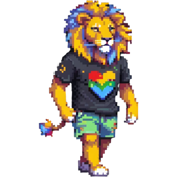 retro 1950s anthropomorphised lion in a t-shirt and shorts, walking emoji