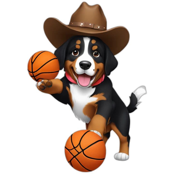 bernese mountain dog puppy wearing cowboy hat and shooting a basketball at a hoop in the mountains  emoji