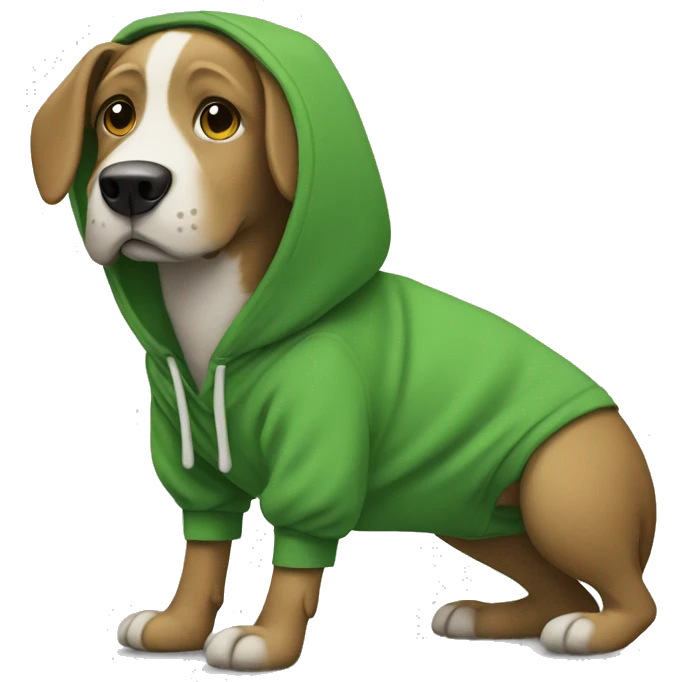 Dog wearing a green hoodie and crocs emoji
