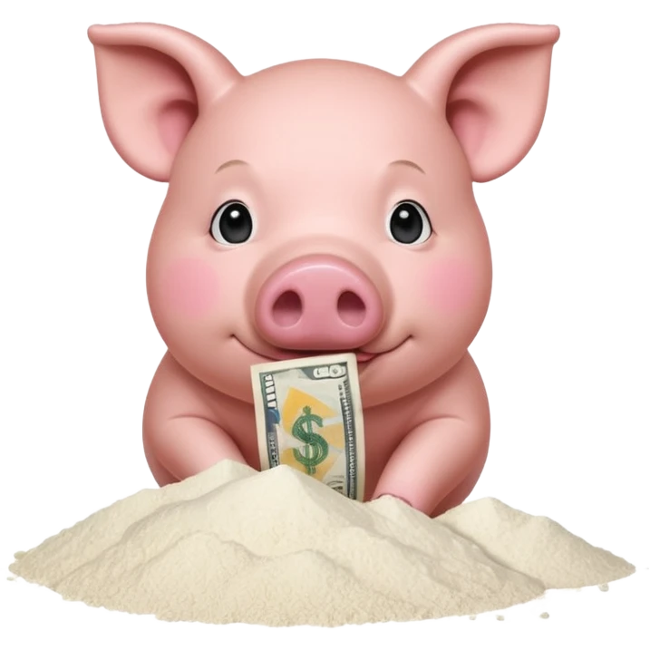 A pig with a dollar bill held to his nose looking down at a small pile of flour  emoji