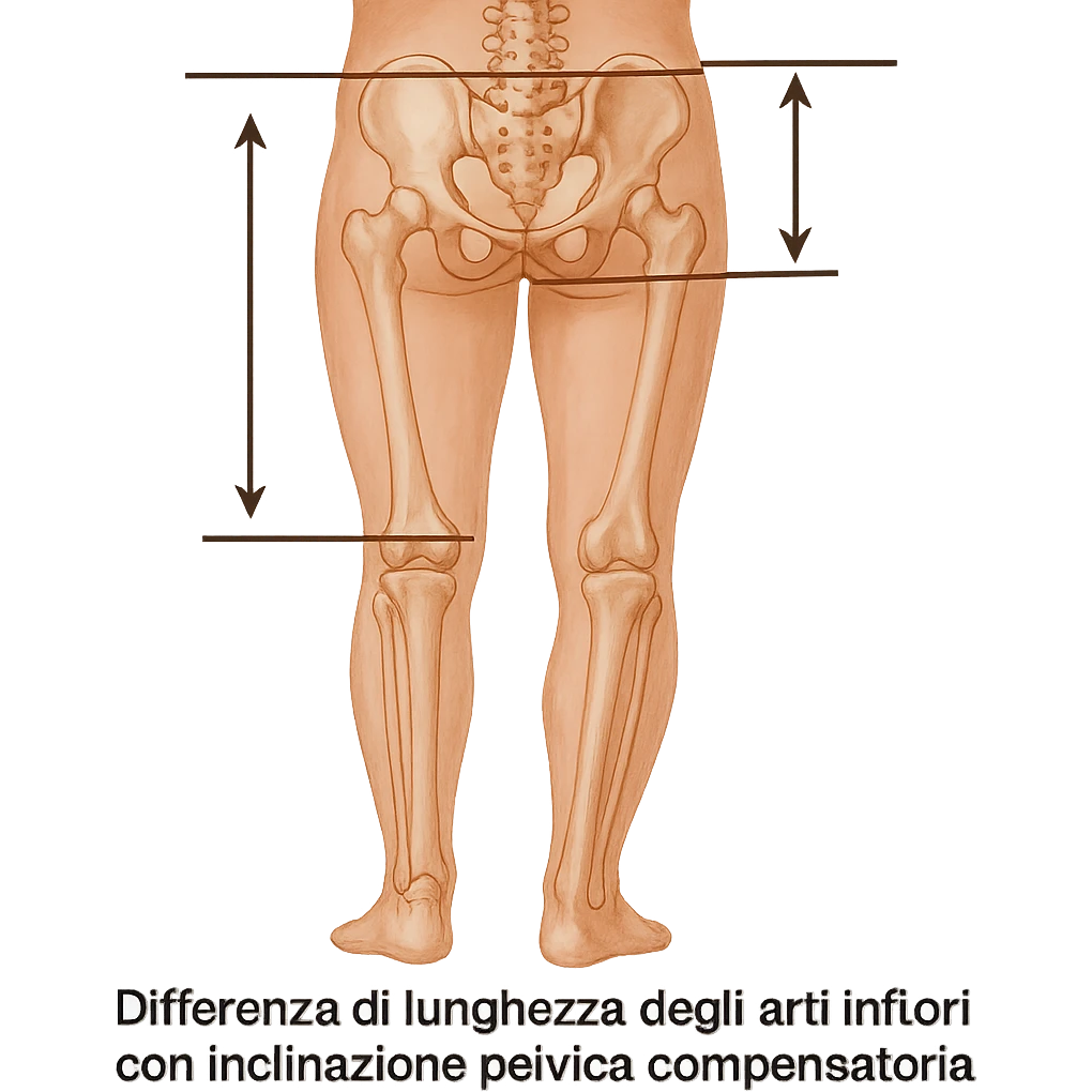 Medical style hyperrealistic posterior view highlighting the difference in leg length: one leg visibly shorter than the other, pelvis tilted for compensation. Add arrows, reference lines, and an anatomical caption in Italian to make the concept immediately understandable. Remove background. Variation 2. emoji