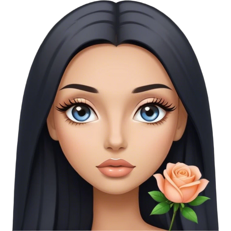 Glamours, tanned, very beautiful girl, with big pump peach-beige-rose lips, long long lashes, black straight smooth silky long hair, straight parting hair, blue-grey eyes emoji