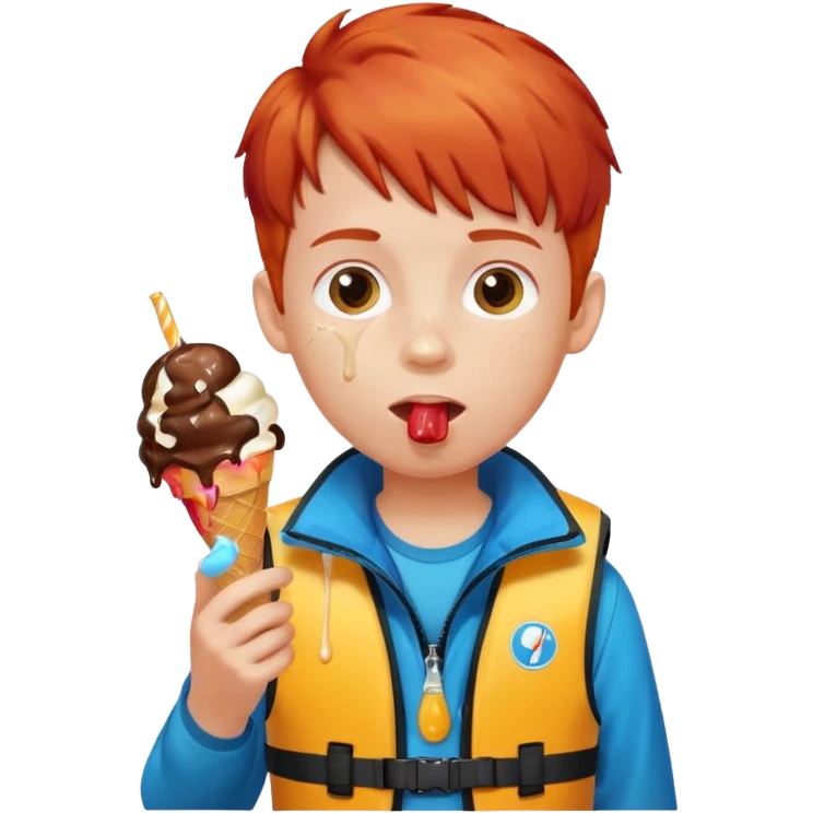 boy kid red haired wearing life jacket, eating ice cream emoji