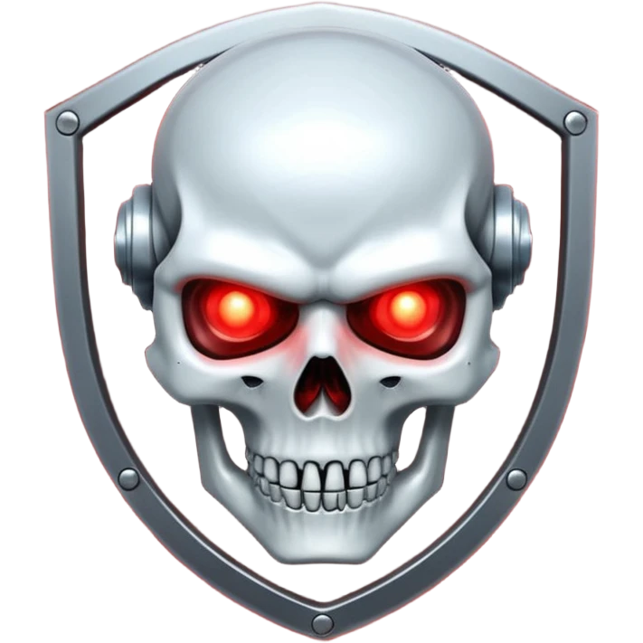 Sci-fi shield badge, terminator style skull, glowing red eyes, crossed futuristic starwars light sable, no background emoji