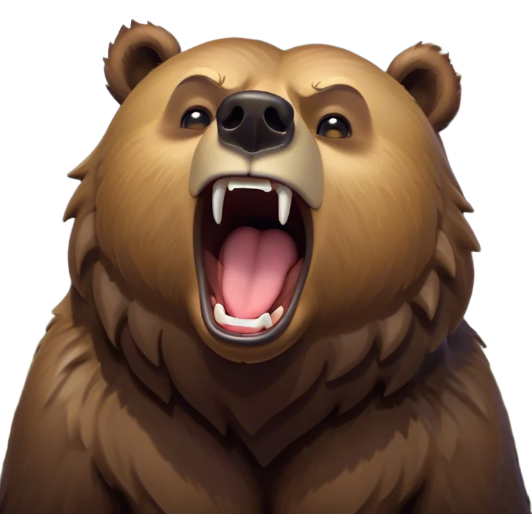 Cinematic Cute Yawning Grizzly Bear Portrait Emoji, Head tilted slightly with a dramatic, wide-open yawn, showcasing a thick, rugged deep brown fur with drooping ears, round eyes barely open in drowsy contentment, Simplified yet irresistibly adorable features, highly detailed, glowing with a soft, cozy glow, high shine, relaxed yet expressive, stylized with a touch of wild whimsy, bright and endearing, soft glowing outline, capturing the essence of a sleepy yet affectionate grizzly, so drowsy it feels like it could stretch out of the screen and curl up for a nap! emoji