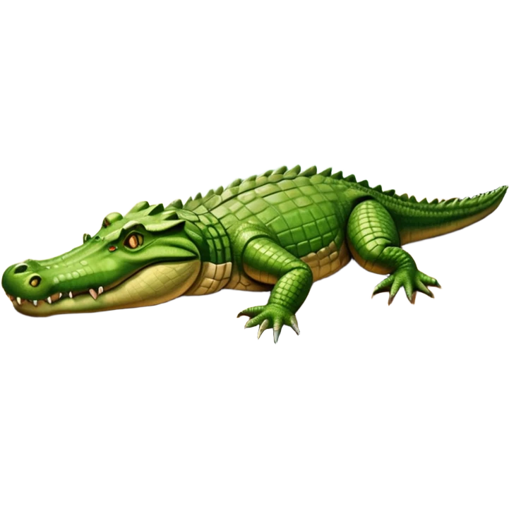 A large crocodile resting on a riverbank, part of its body in water, realistic scales and reflections, natural sunlight. emoji