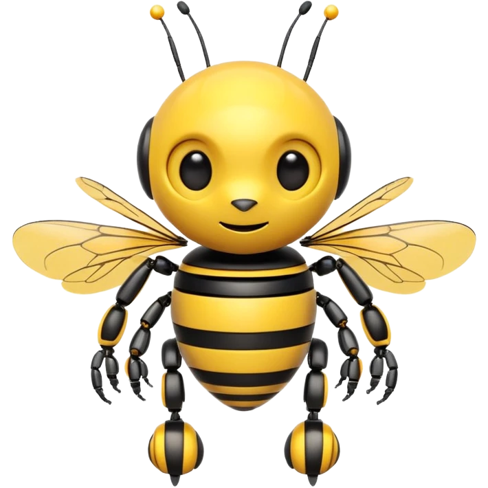 cute bee robot with yellow and black stripes, round body, mechanical arms, small wings, friendly expression, emoji style emoji