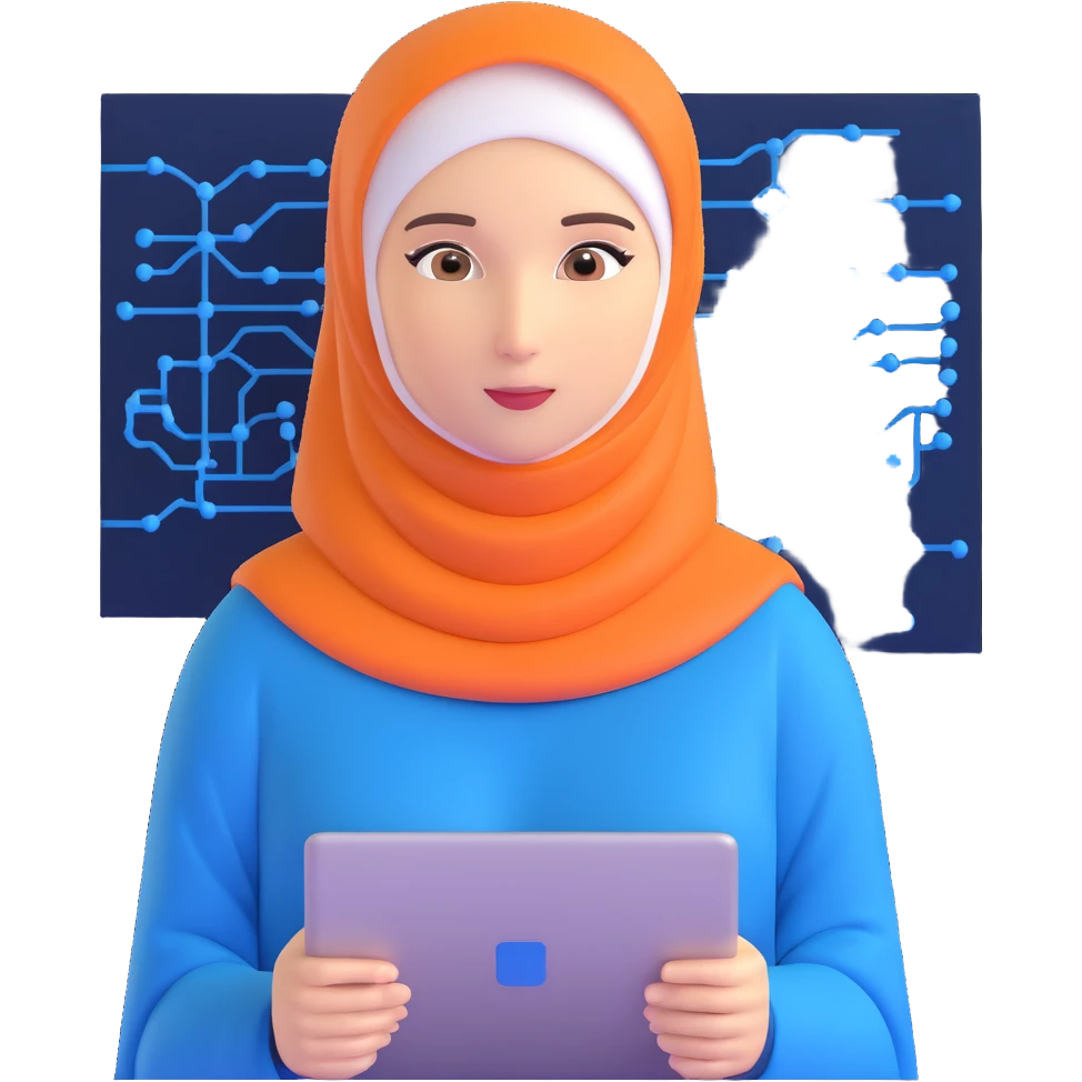 woman with white hijab in blue outfit, looking forward, with programming code, algorithms, binary data flows, software development tools, database structures, coding syntax highlighting, computer science symbols, and computing diagrams surrounding her emoji