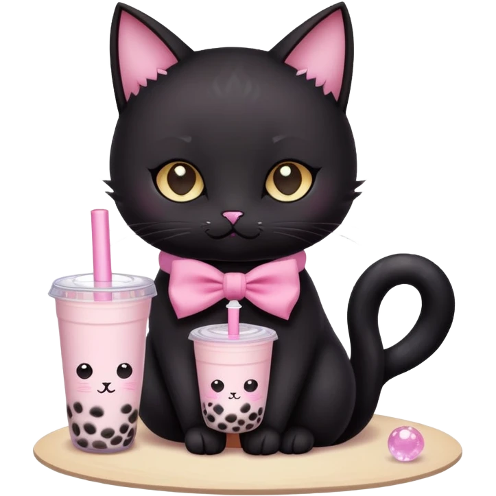 creami un gatto nero che legge i tarocchi con i cristalli con un fiocco rosa e un bubble tea  in mano ￼ emoji