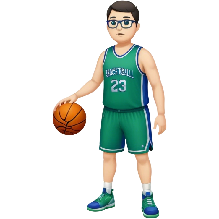 Full Body tall plus size white male with dark short hair basketball player wearing glasses wearing blue green uniform emoji
