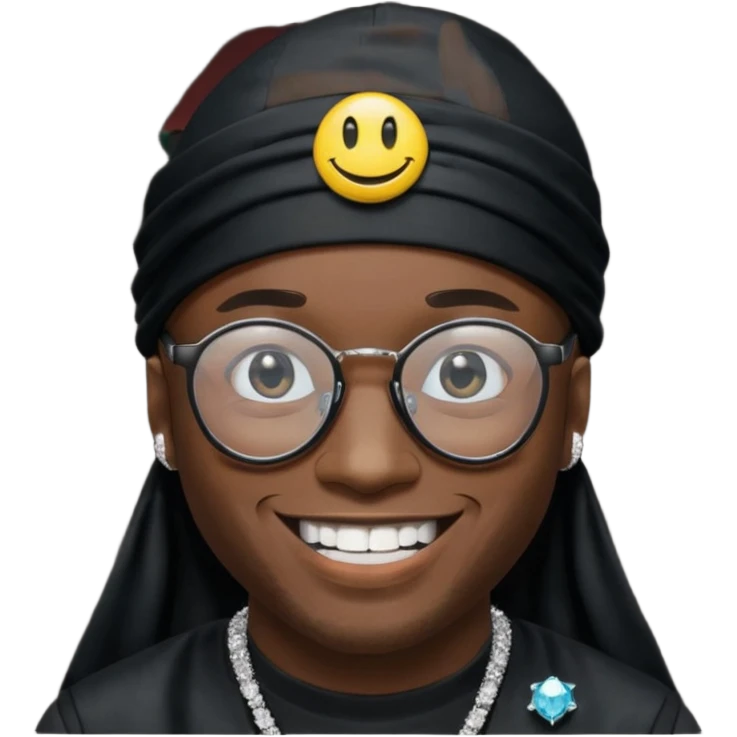 man with black durag,glasses, and smiley with diamond grillz emoji