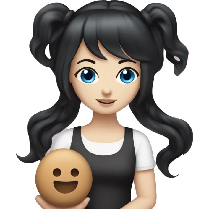 white Girl with black hair and blue eyes playing with plushy emoji
