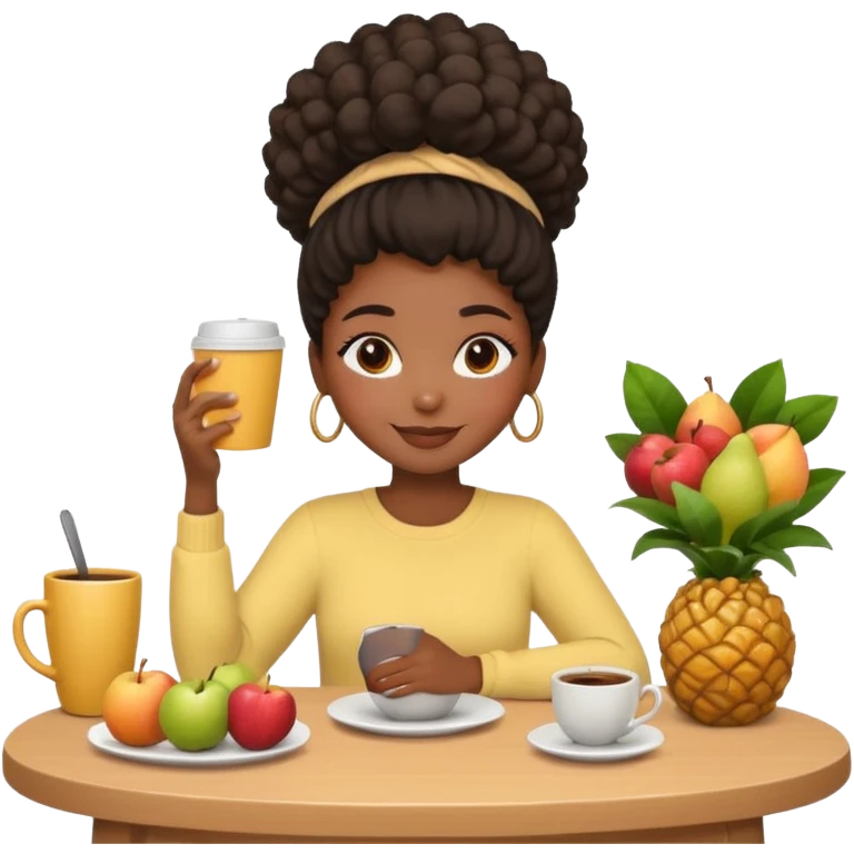 Apple-style emoji of a Black girl, 4C hair in a puff, clean girl aesthetic, sitting at a table with coffee and fruits, cozy pastel vibe, smiling. emoji