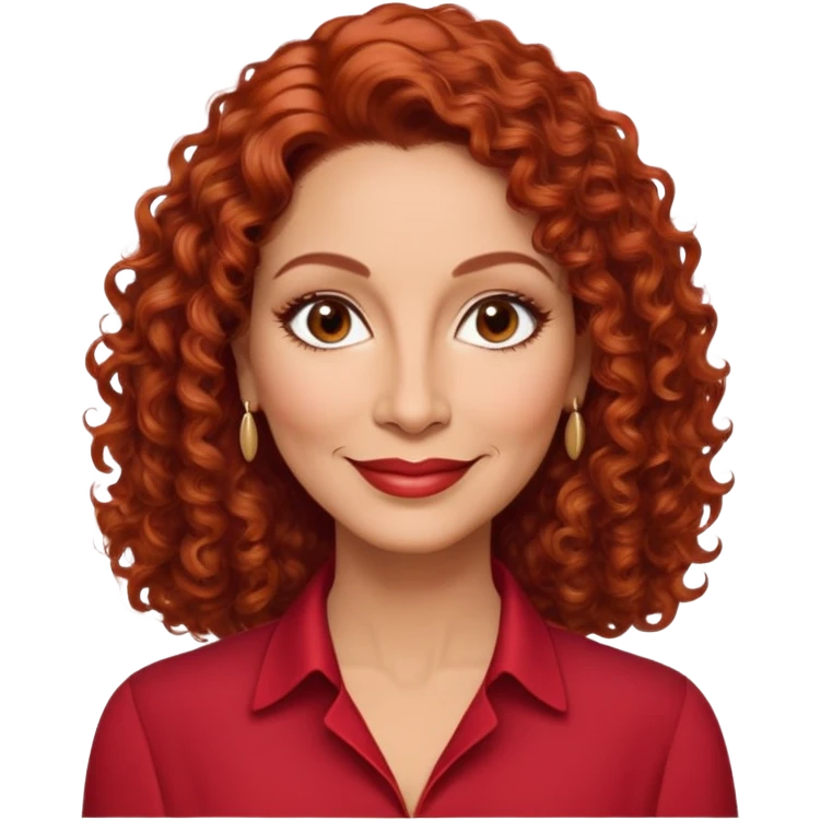 Puerto Rican actress in her 50s with elongated face, soft features, highlighted cheekbones, friendly warm smile, medium almond-shaped brown eyes, defined medium eyebrows, straight fine nose, medium lips with accessible smile, vibrant red curly hair with artistic styling, wearing a solid red blouse emoji