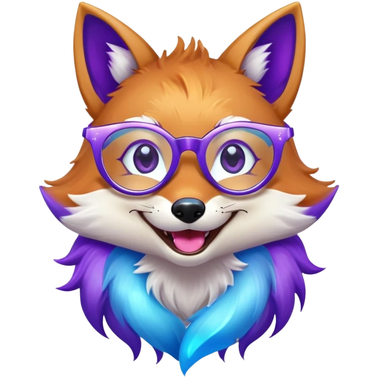 A magical fox with shimmering purple and blue fur, a glowing tail, a silver star on its forehead, and round glasses, laughing so hard that tears are streaming from its eyes emoji