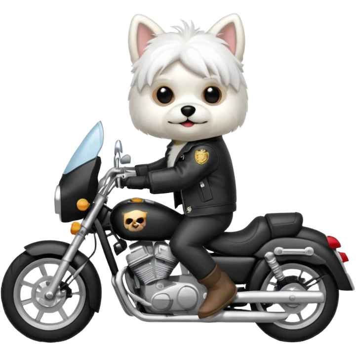 Maltese dog wearing a leather jacket and riding a motorcycle  emoji