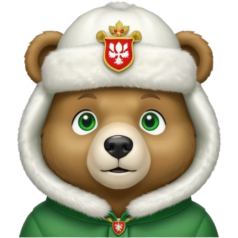 Sweet, cartoonish bear face with large green eyes, wearing white fur ushanka hat with accurate Russian Federation coat of arms centered, iOS emoji style emoji