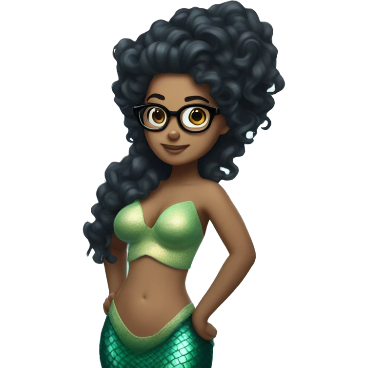 mermaid with curly black hair, wearing glasses, full torso emoji