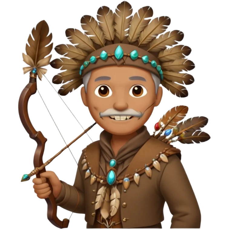 The classic image of a middle-aged uncle hunter carrying a bow, dressed in brown clothes, with some ornaments made of feathers, bones or teeth on his body. emoji