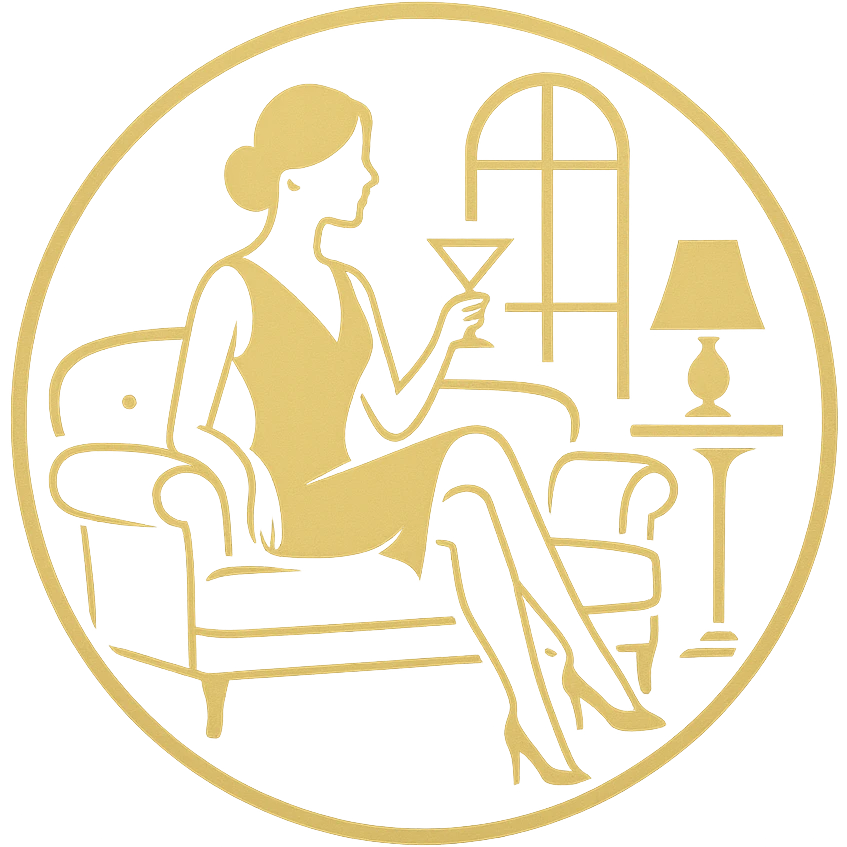 premium logo in a circular shape, featuring a golden silhouette of a woman with a martini glass, surrounded by elegant interior elements like a couch and side table. Black and gold color scheme, vector-style, clean lines emoji