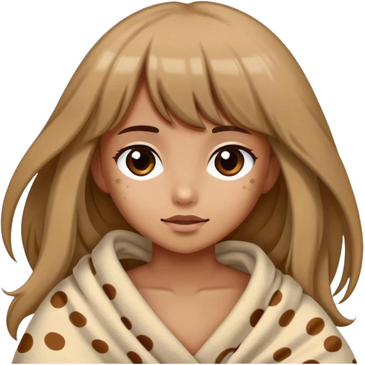 Tan Girl with long hair and bangs wrapped in blanket colored beige with brown spots emoji